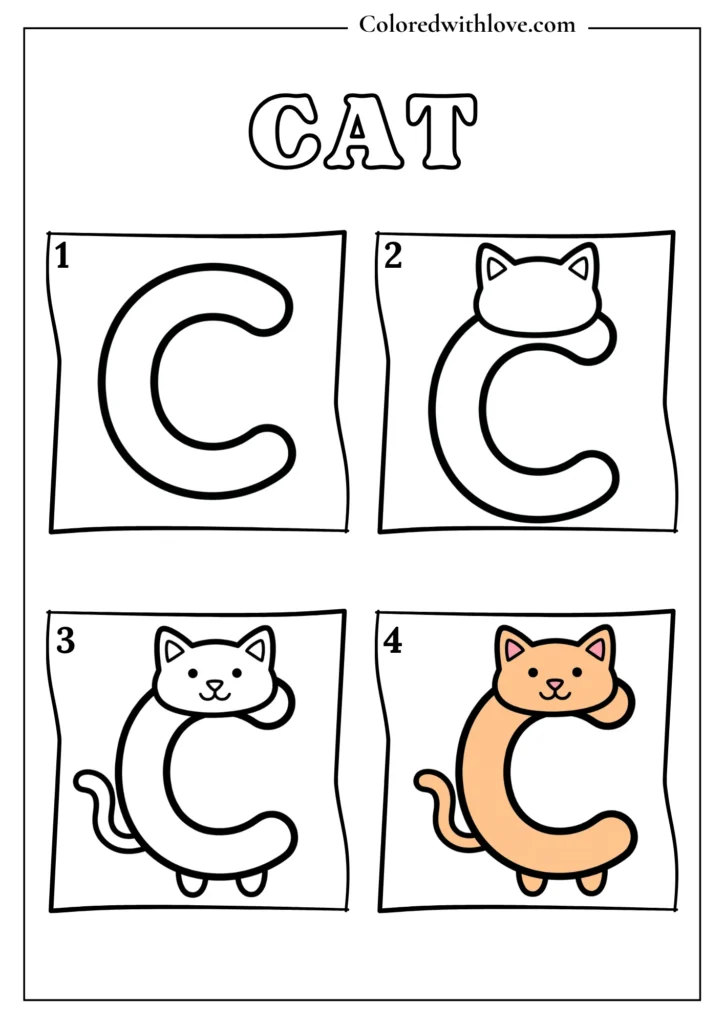 Drawing from Letter C Cat Coloring Page for Kids