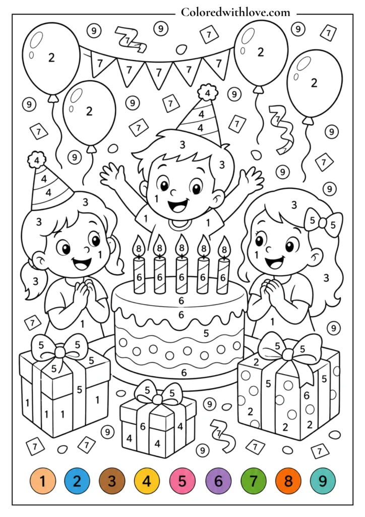 Color by Number printable worksheet featuring a cute cupcake with sweets for kids