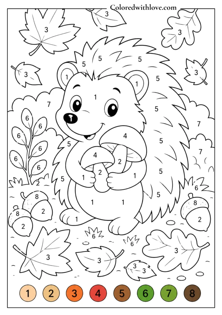 Color by Number smiling hedgehog printable coloring activity