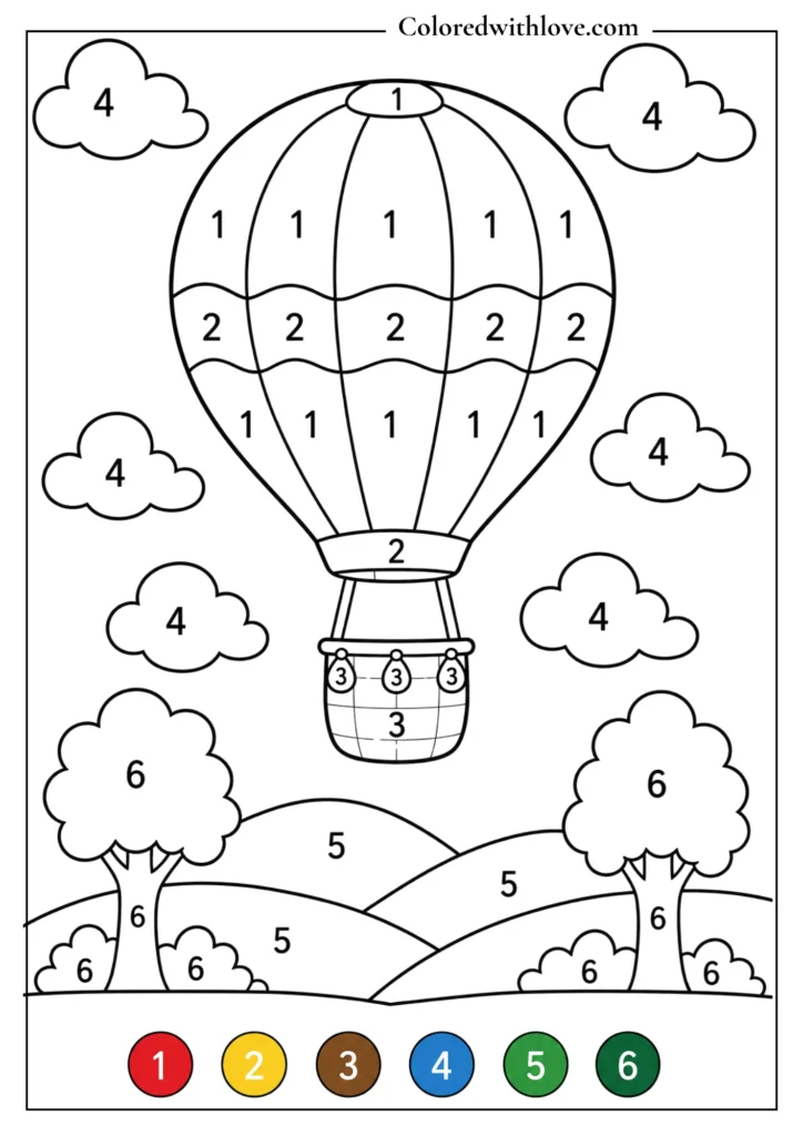 Color by Number hot air balloon printable coloring page for kids