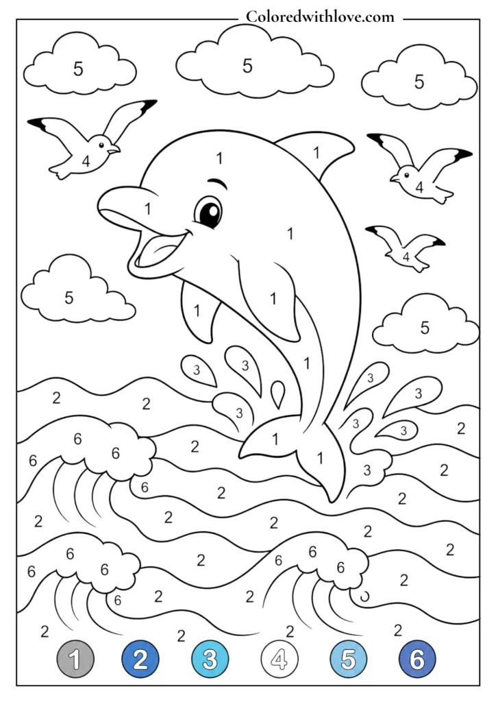 Color by Number dolphin jumping in the ocean printable worksheet