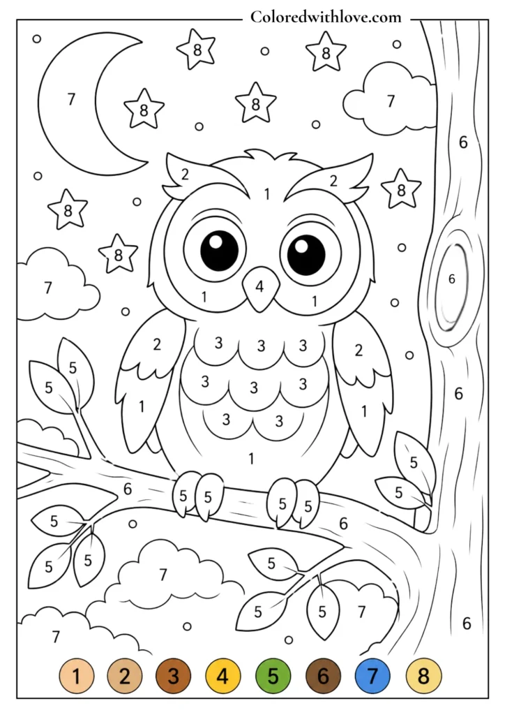 Color by Number owl printable coloring page for kids