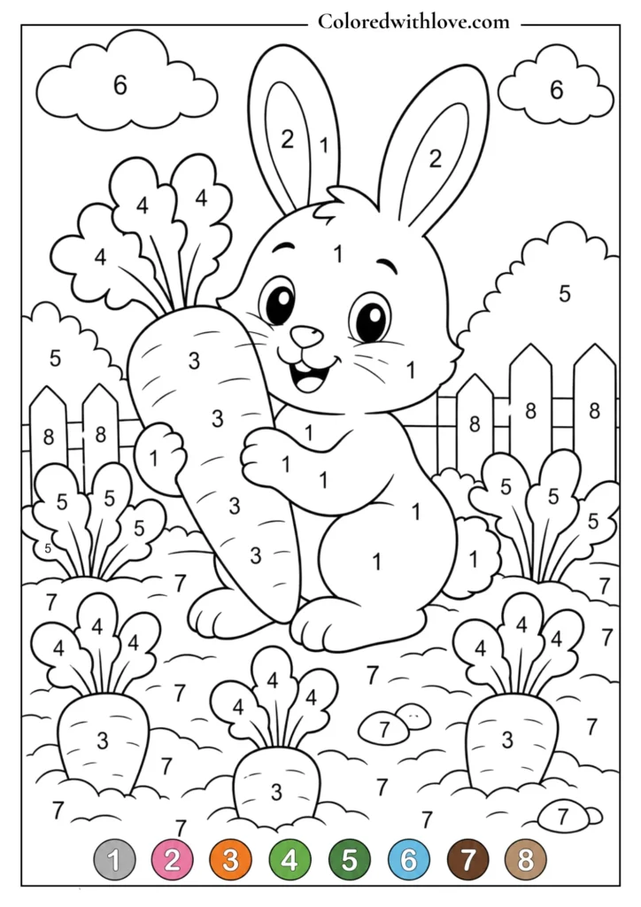 Color by Number cute bunny printable coloring worksheet