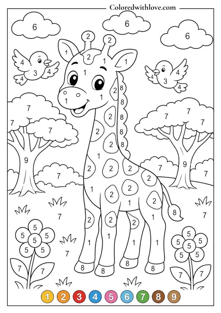 Color by Number giraffe printable coloring page for children