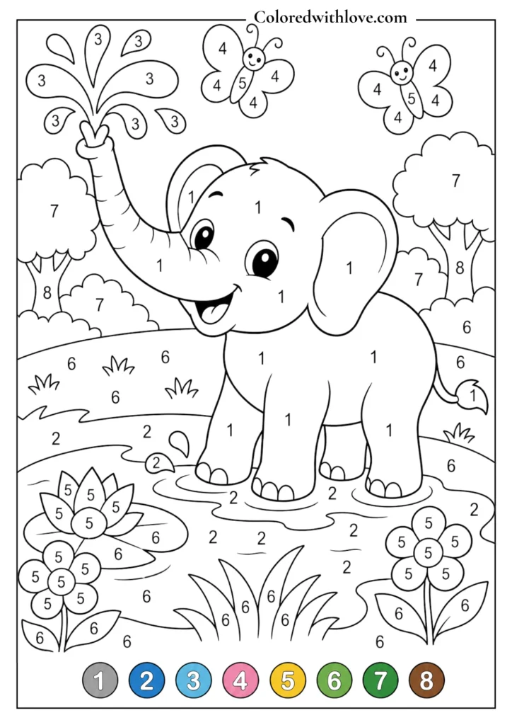 Color by Number baby elephant printable worksheet for kids
