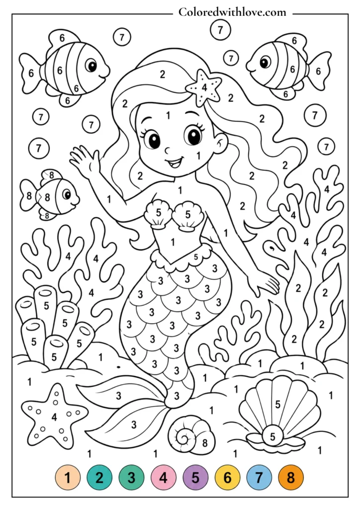 Color by Number mermaid printable coloring page with ocean theme