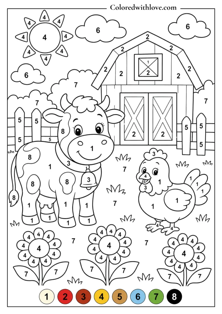 Color by Number cozy house printable coloring worksheet