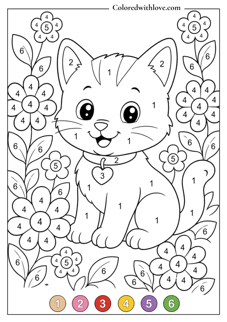 Color by Number smiling cat printable coloring activity