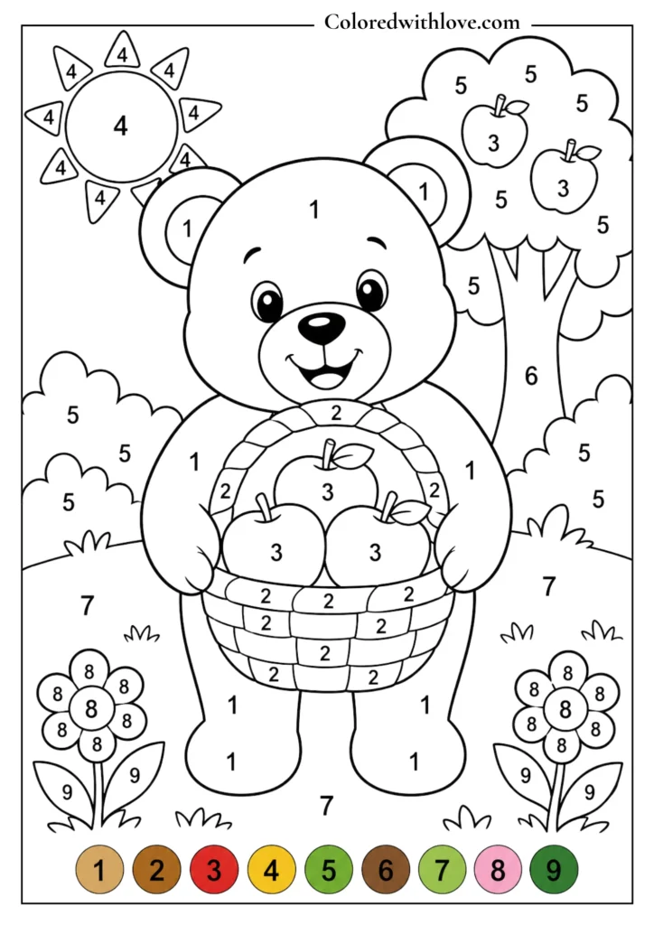 Color by Number Teddy Bear with Pumpkin Coloring Page