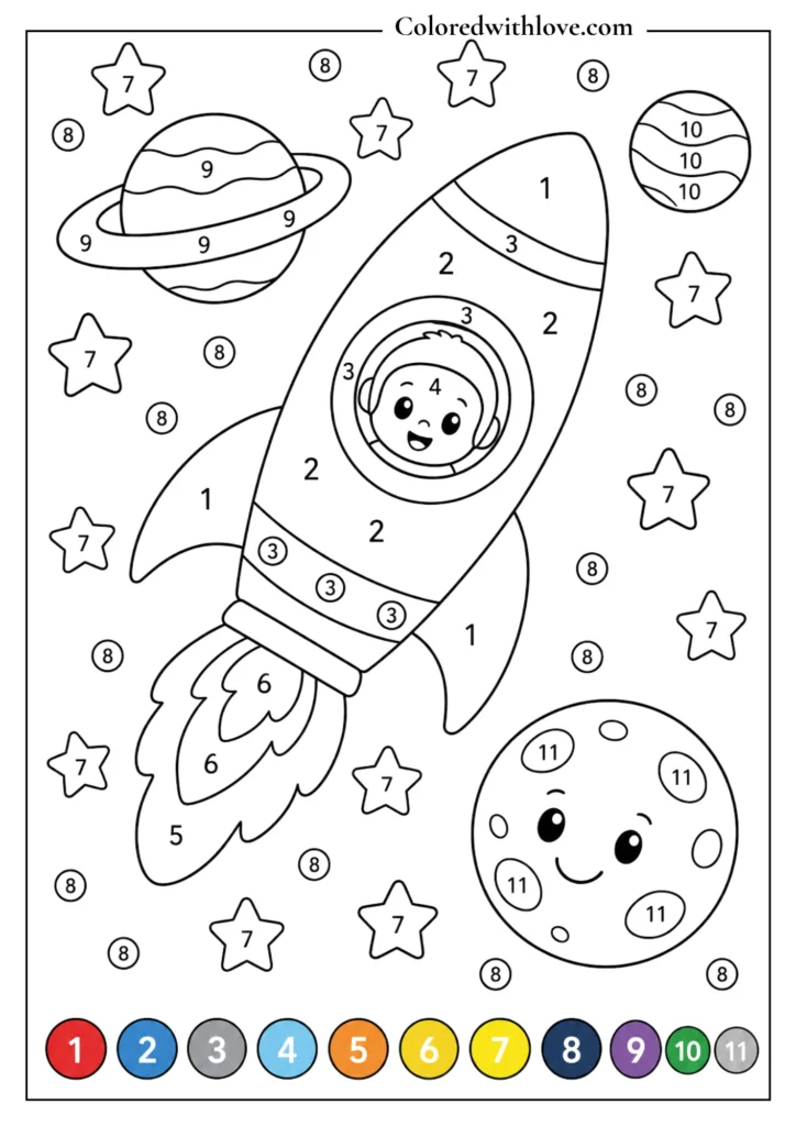 Color by Number rocket and planets printable coloring activity