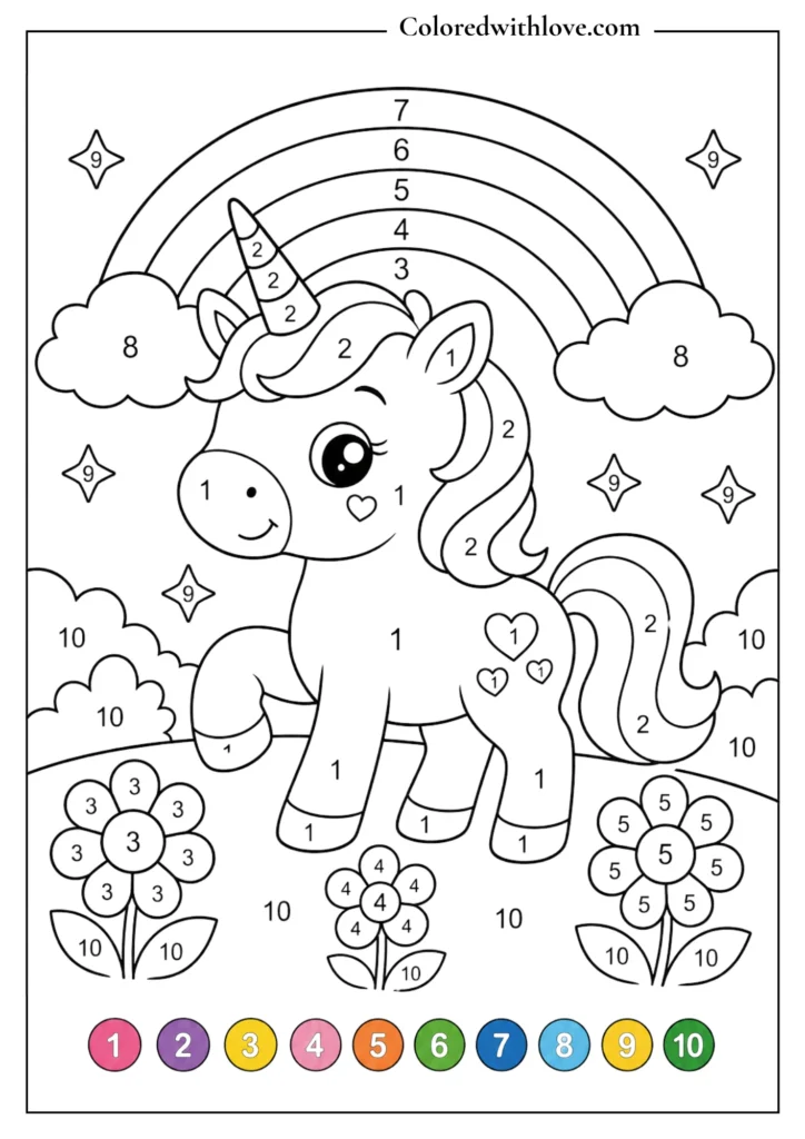 Color by Number magical unicorn printable coloring page for kids