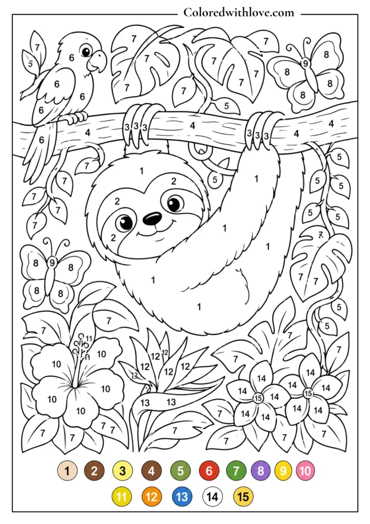 Color by Number cute bird printable worksheet for preschool and elementary kids