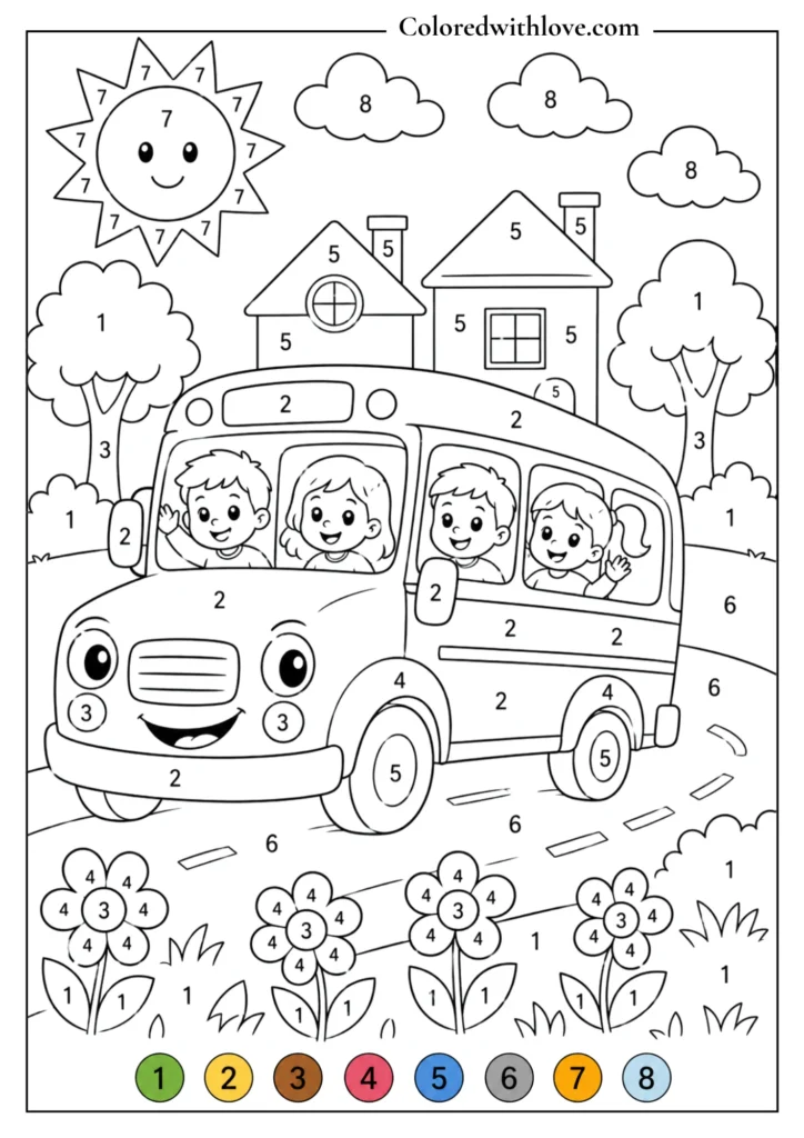 Color by Number school bus printable coloring activity