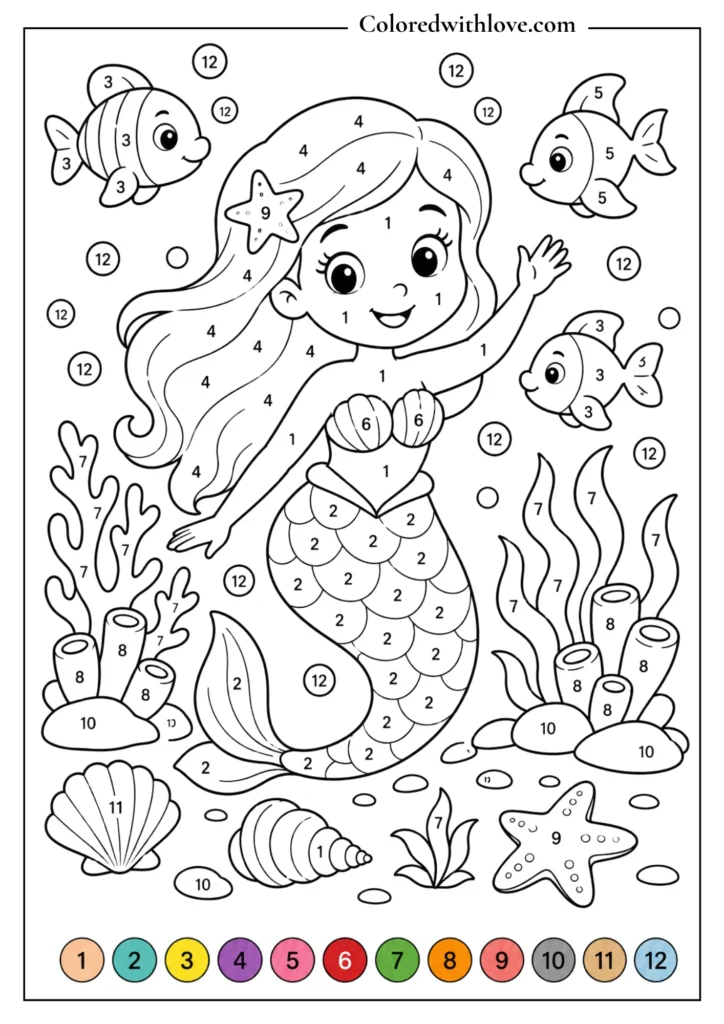 Color by Number underwater mermaid printable coloring worksheet