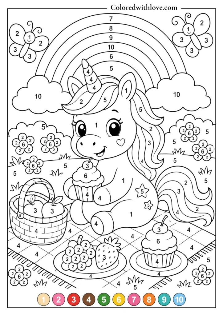 Color by Number rainbow girl printable coloring page for kids