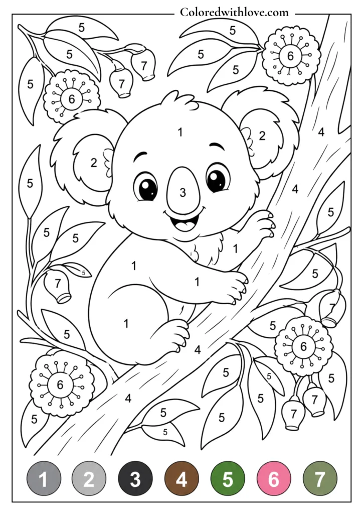 Color by Number cute koala printable activity page for kids