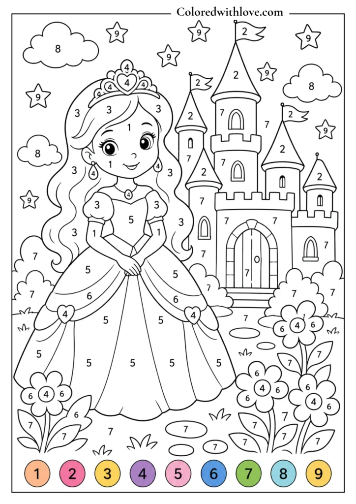 Color by Number princess and castle printable coloring page