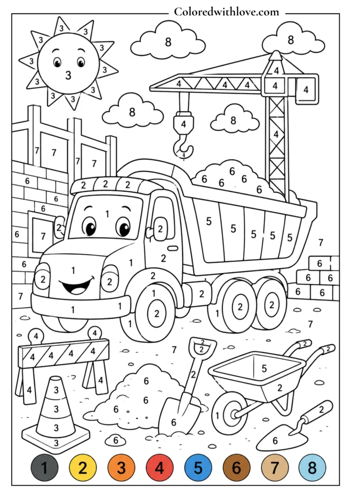 Color by Number farm barn printable worksheet for young children