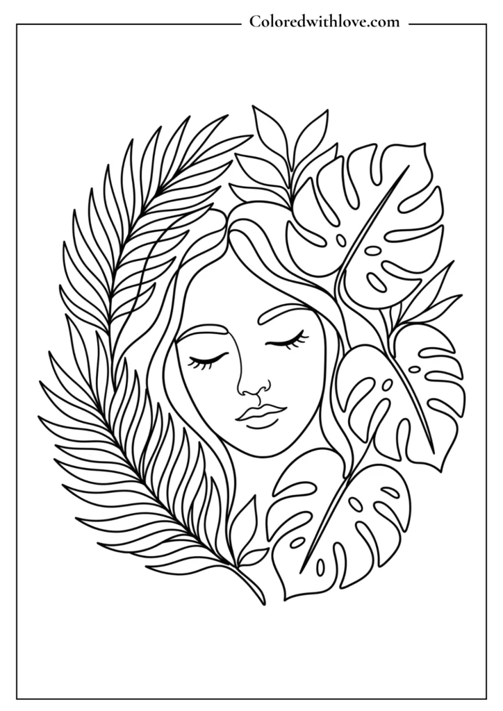 Abstract line art face surrounded by simple botanical leaves minimalist coloring page.