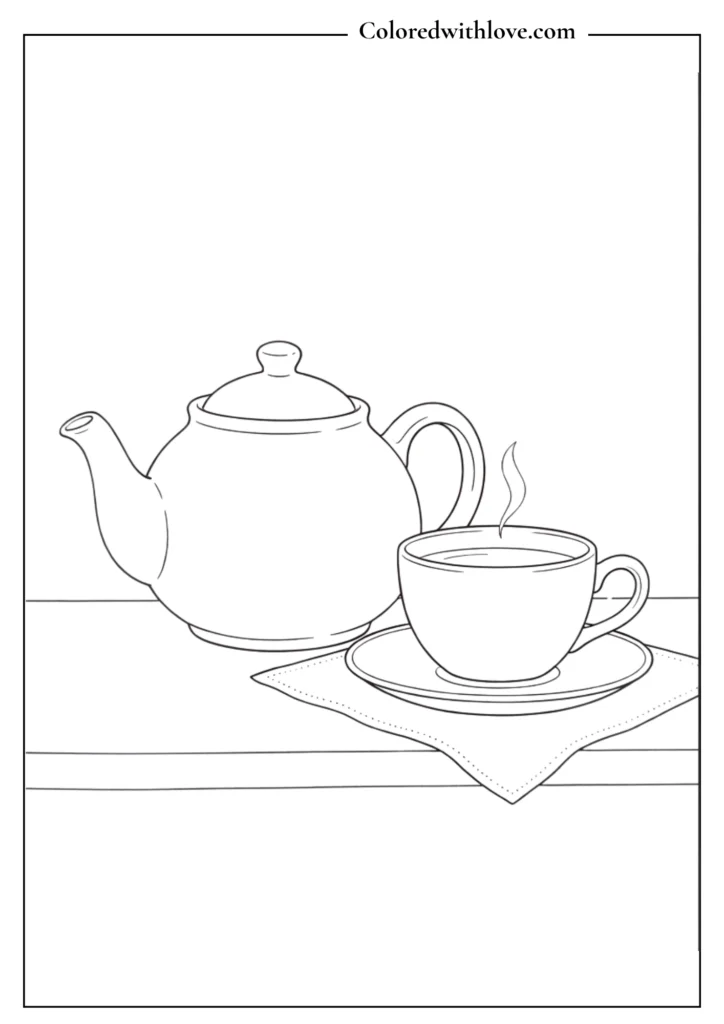 Simple teapot and a warm teacup on a saucer minimalist coloring page.