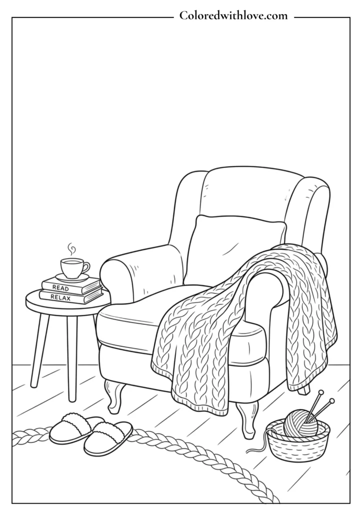 Cozy armchair with a thick knit blanket draped over the armrest minimalist coloring page.