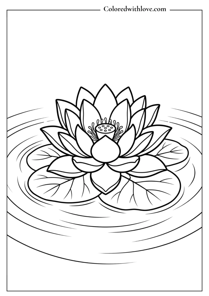 Simple line art coloring page of a blooming lotus flower floating on calm water ripples.