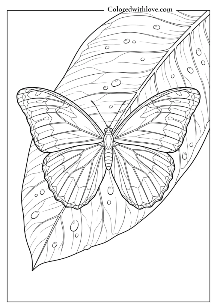 Detailed blue morpho butterfly resting on a wet jungle leaf, printable realism coloring page.