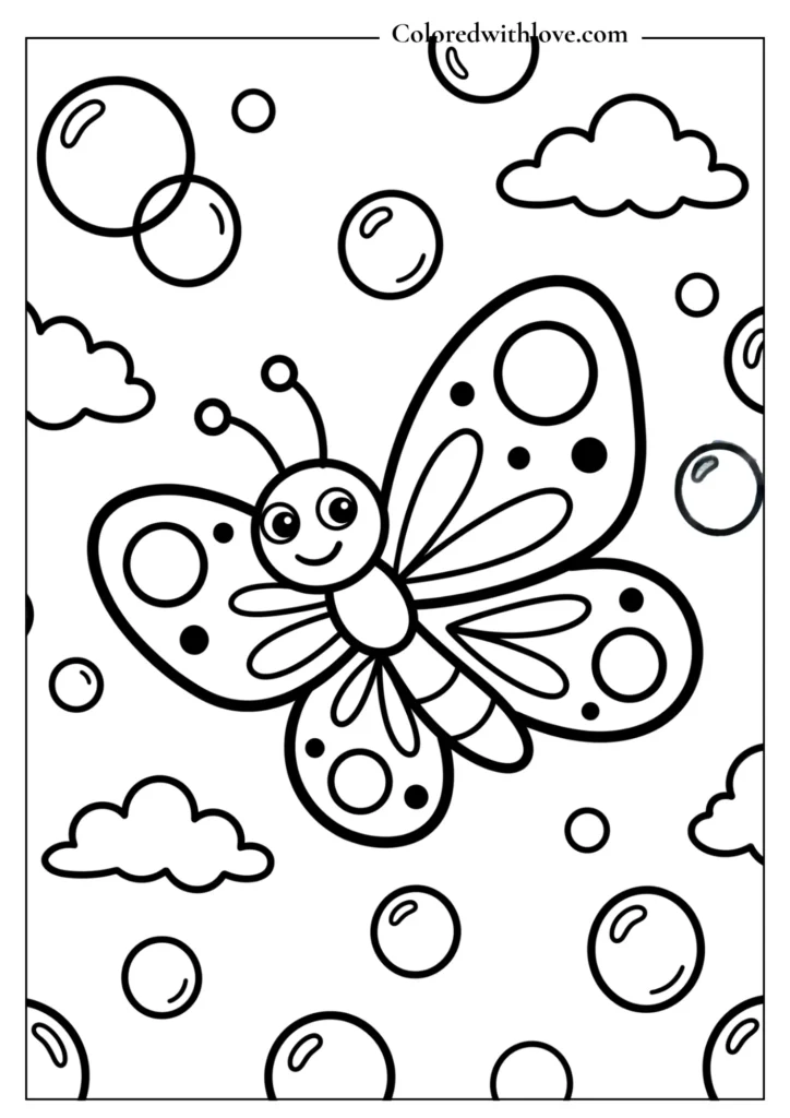 Playful cartoon butterfly flying through soap bubbles, easy coloring page for toddlers.