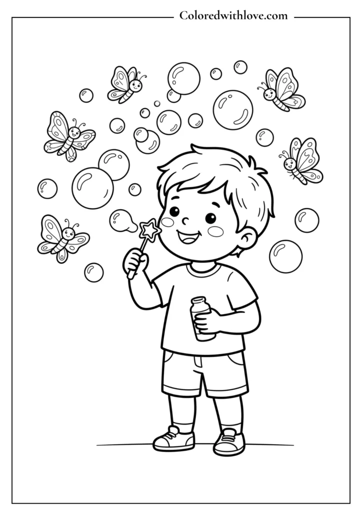 Toddler blowing soap bubbles with cartoon butterflies flying around, cute preschool coloring page.