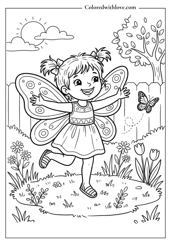 Happy cartoon boy wearing dress-up butterfly wings in the garden, simple kids coloring sheet.