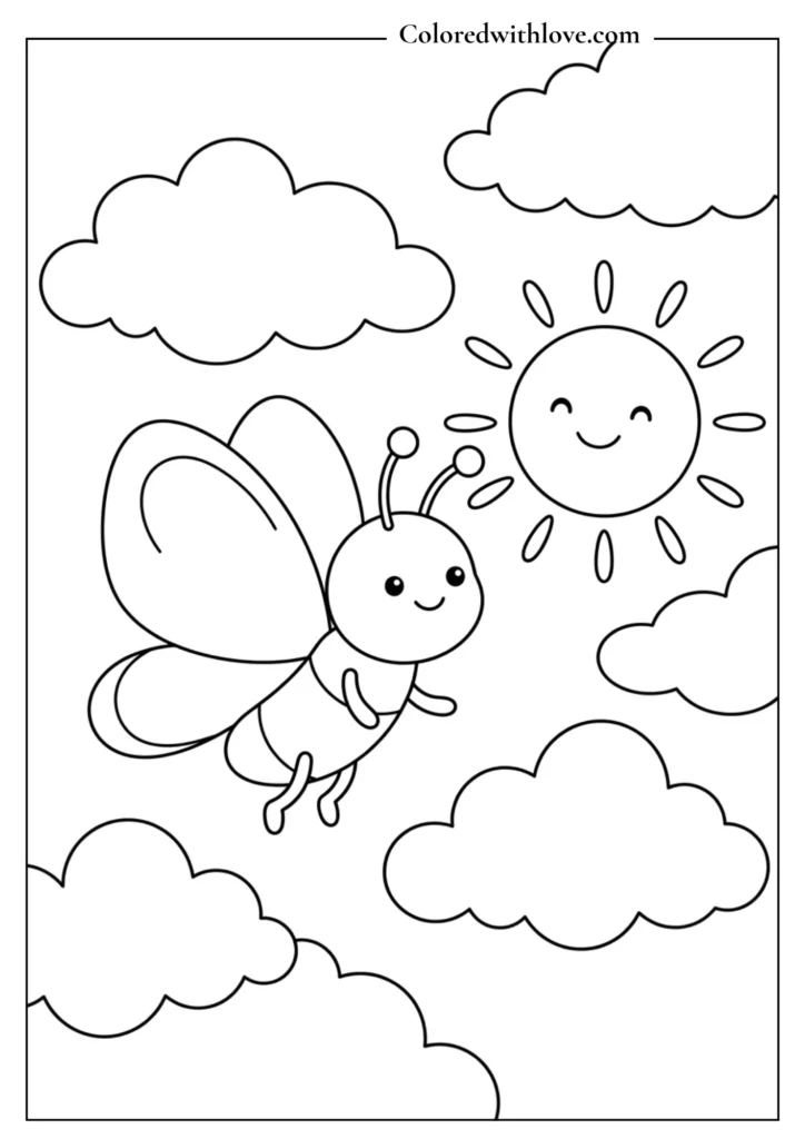 Cute butterfly flying near a smiling sun and fluffy clouds, printable toddler coloring sheet.