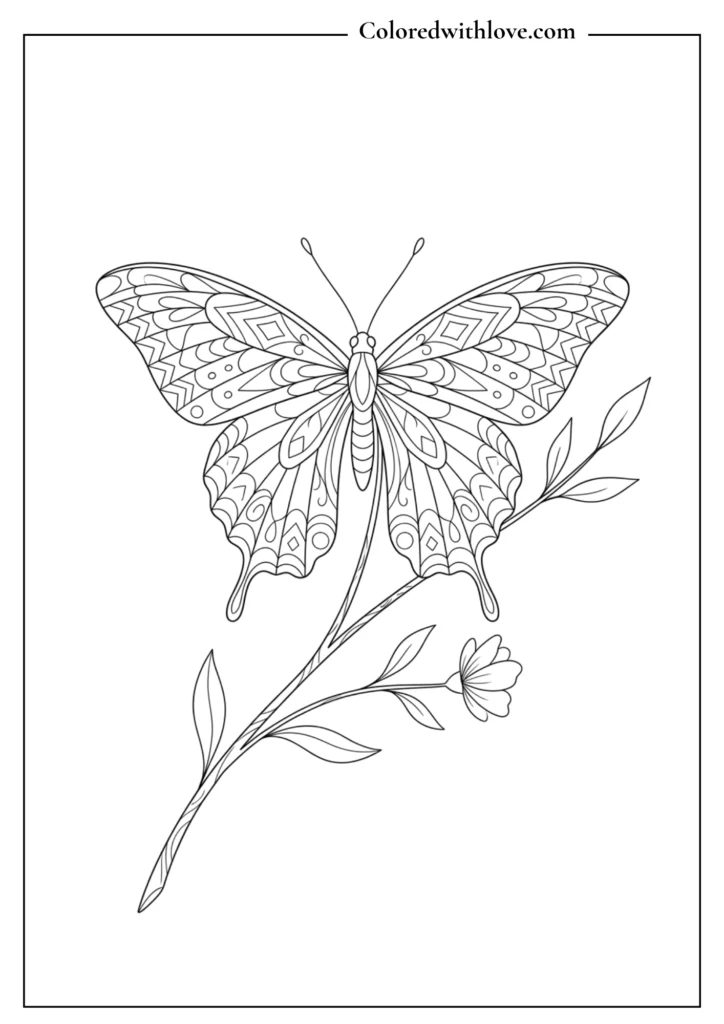 Symmetrical butterfly resting on a simple wildflower stem minimalist coloring page.