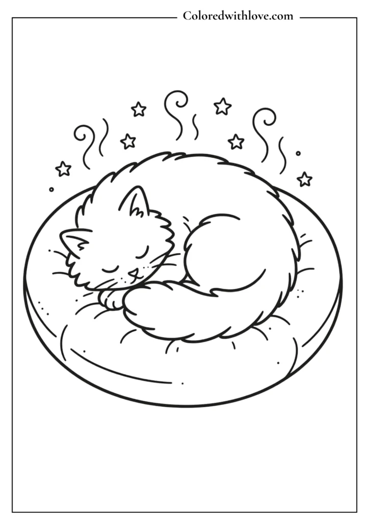 Sleeping cat curled up on a cozy round cushion minimalist coloring page.