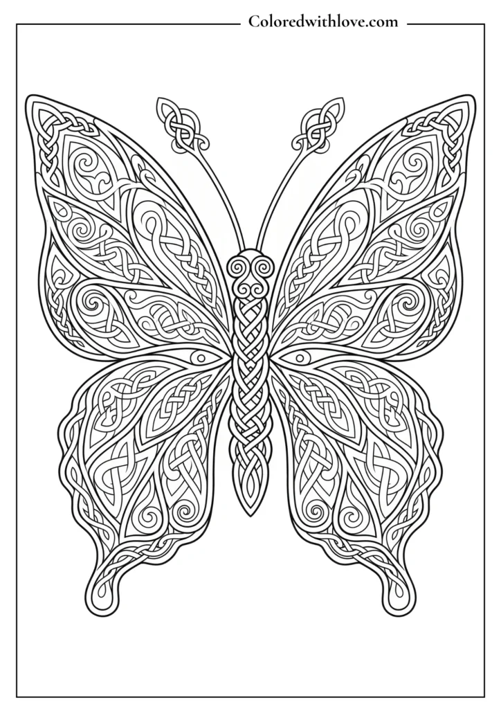 Symmetrical Celtic knotwork butterfly pattern with interwoven bands, detailed coloring page.