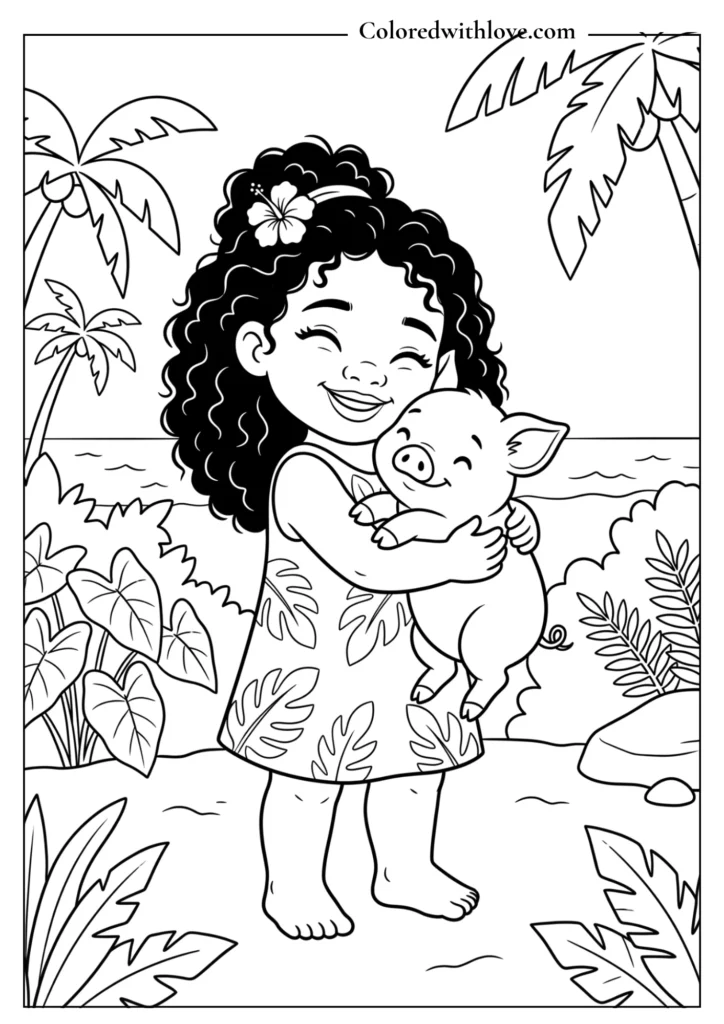 Adorable printable coloring page of toddler Moana hugging Pua the baby pig