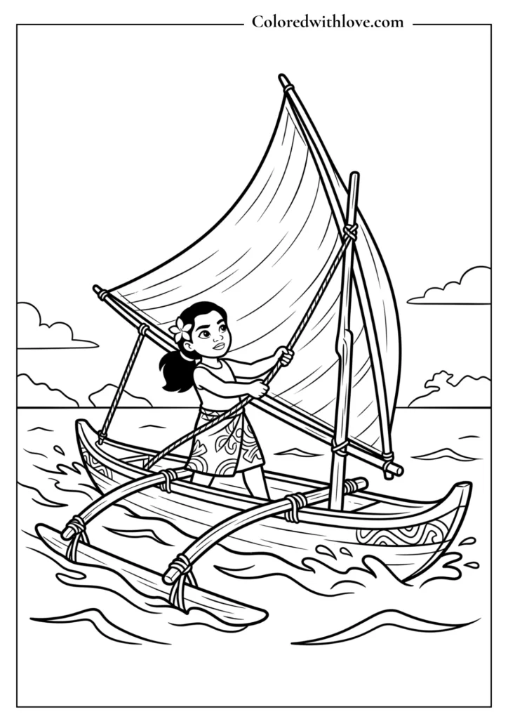 Printable Moana coloring page showing her steering a voyaging canoe on the water