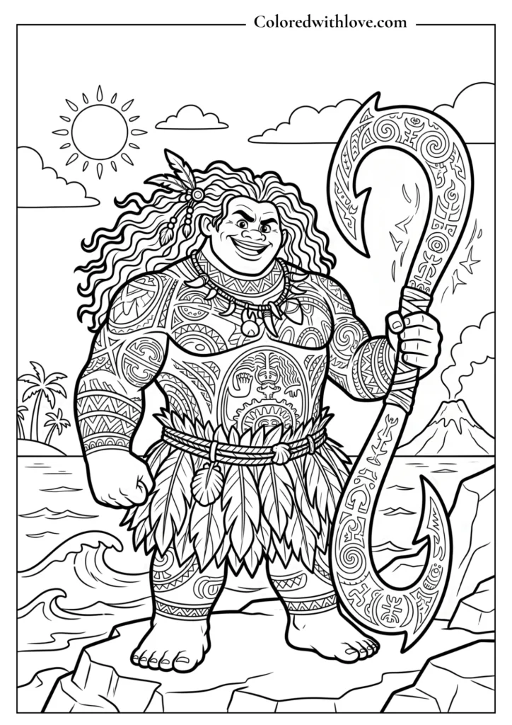 Maui standing proudly with his magical bone fishhook - free coloring page