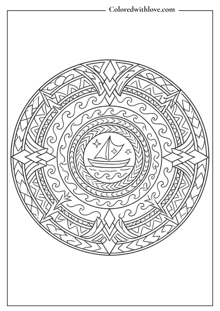Polynesian mandala coloring page featuring a sailboat and ocean waves