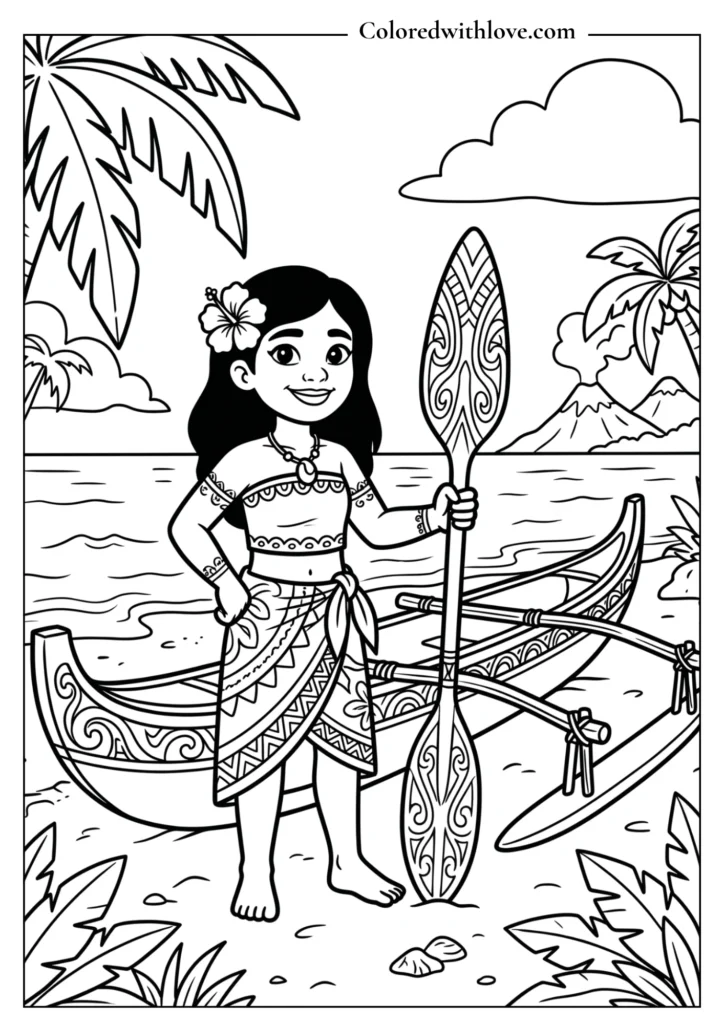 Moana holding her oar next to her outrigger canoe - tropical beach coloring page