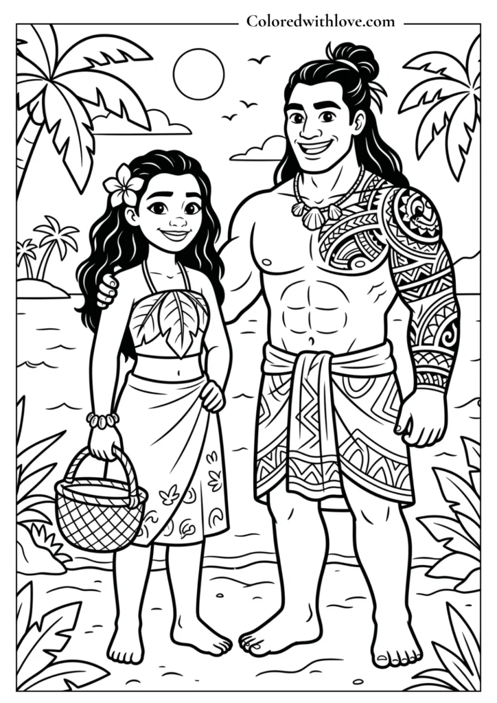 Moana and Maui standing together by the ocean - free printable coloring page