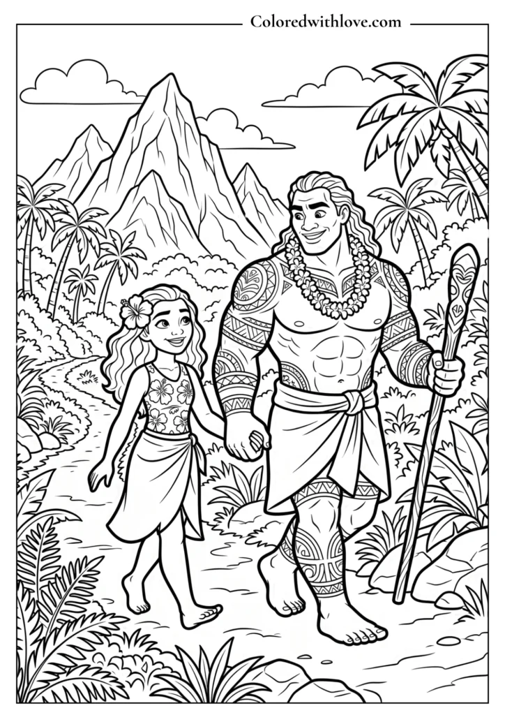 Maui and Moana walking through a lush tropical jungle - fun coloring activity for kids