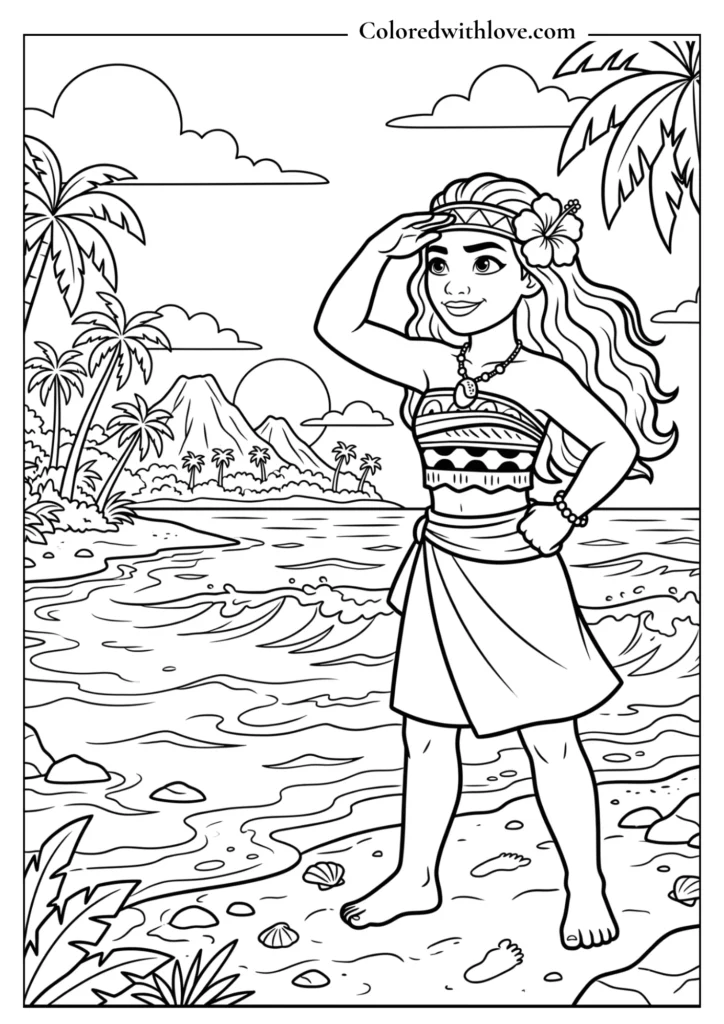 Moana standing on the beach looking out at the horizon - printable coloring sheet