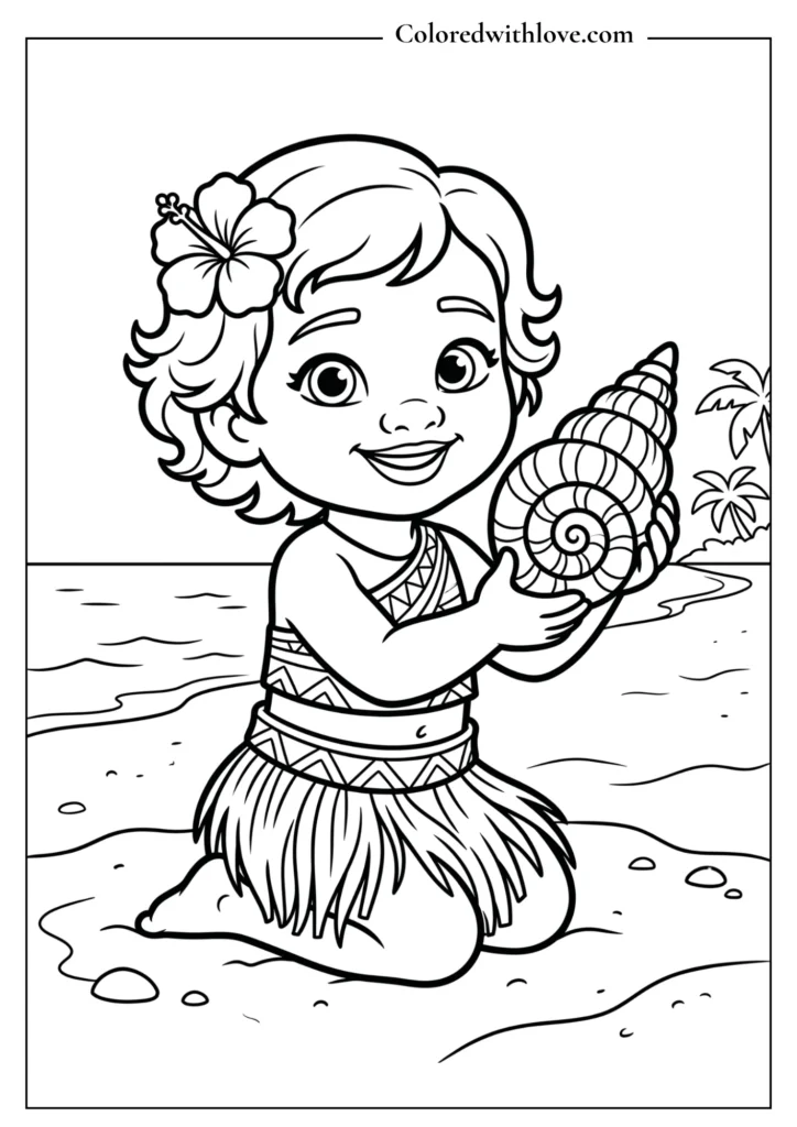 Free printable coloring page of baby Moana kneeling on the sand holding a large seashell