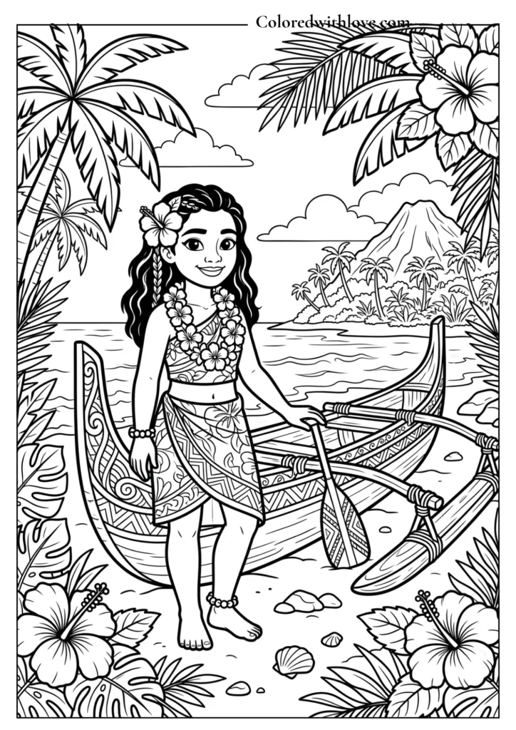 Moana standing proudly next to her boat on the island shore - free coloring printable