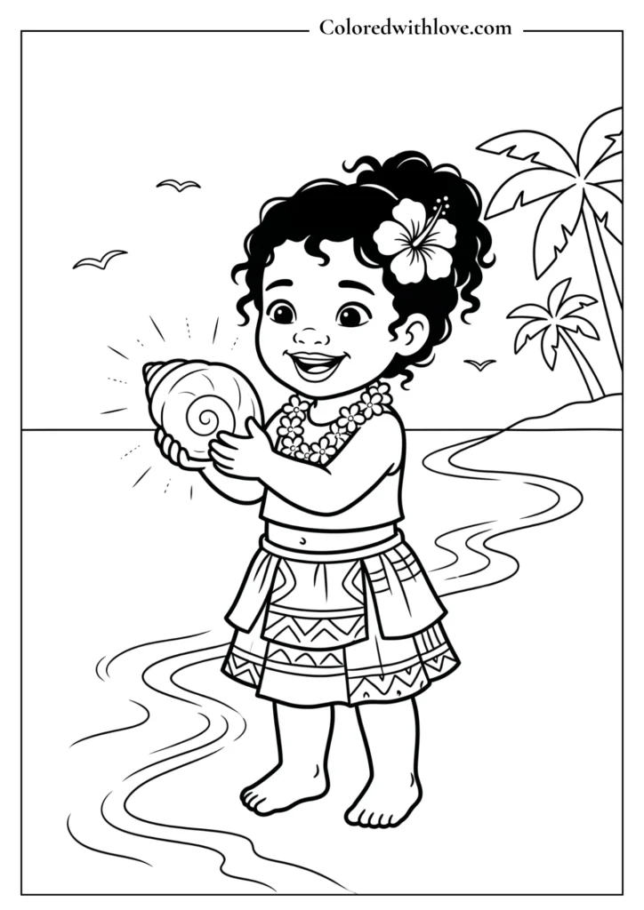 Cute baby Moana standing by the ocean waves holding a shell - free Moana coloring sheet