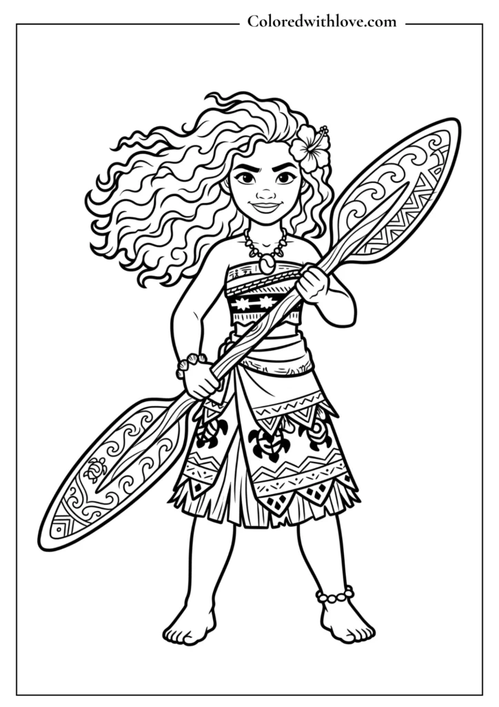 Teenage Moana standing bravely with her carved wooden oar - printable coloring page for kids