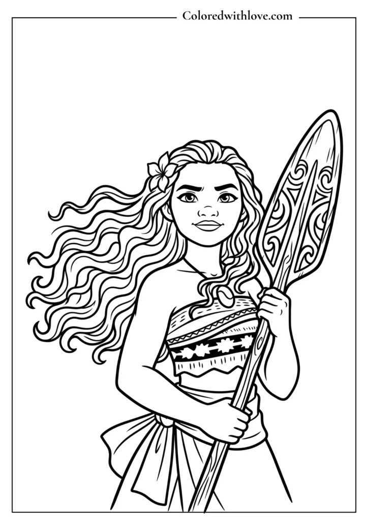Close-up portrait coloring page of Moana holding her traditional voyaging paddle