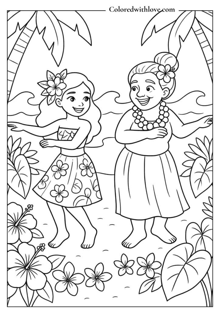 Moana and Gramma Tala hula dancing on the beach - tropical island coloring page
