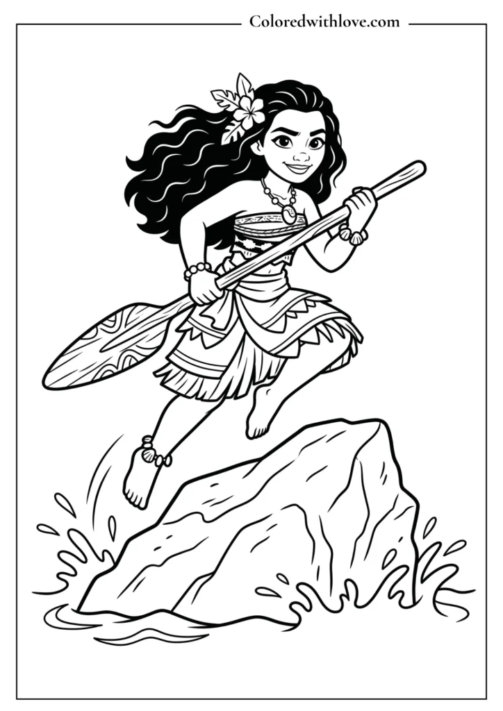 Action-packed Moana coloring page showing her jumping off a rock with her oar