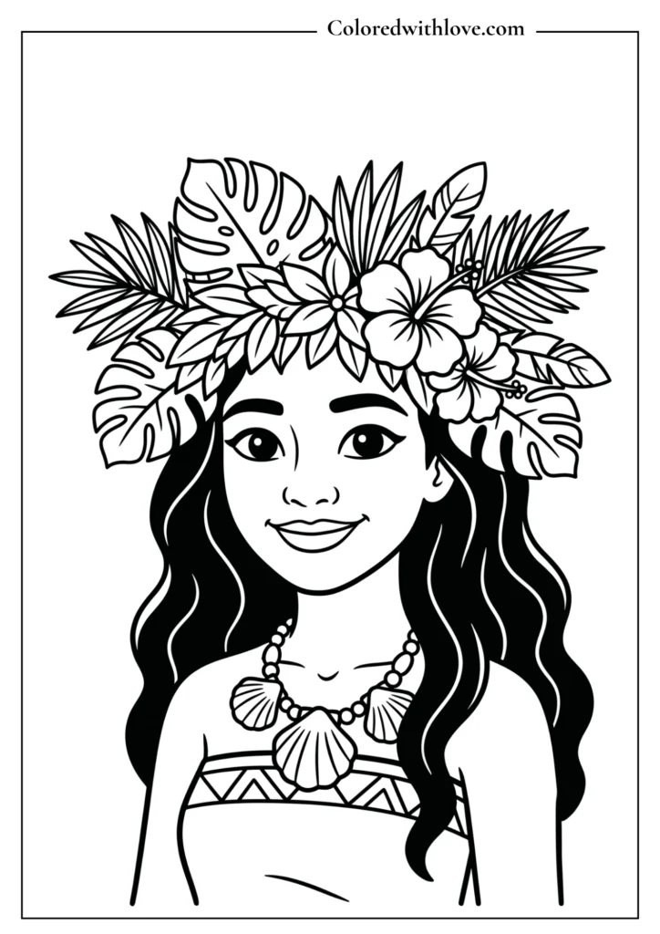 Beautiful Moana coloring page featuring a detailed portrait with a tropical flower crown